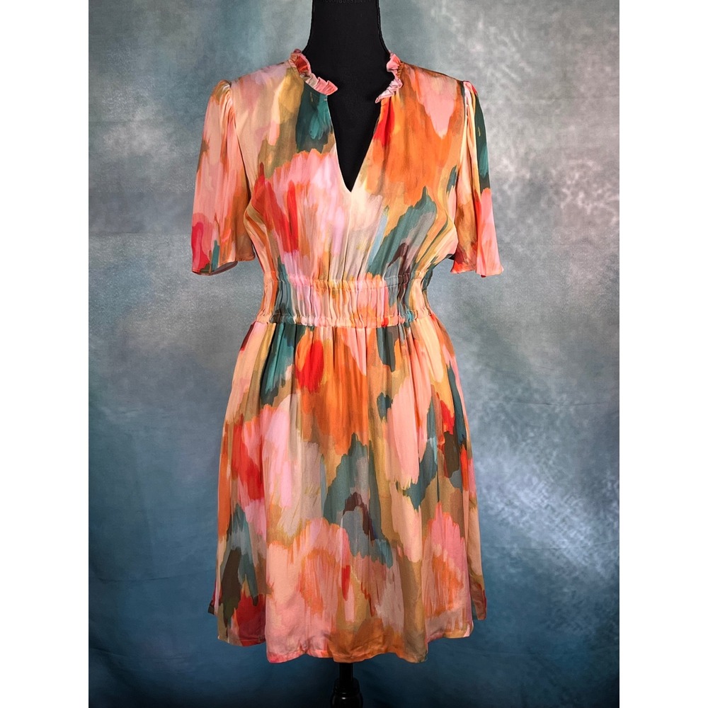 Spartina 449 Olivia Womens Small Abstract Brushstroke V-Neck Smocked Waist Dress